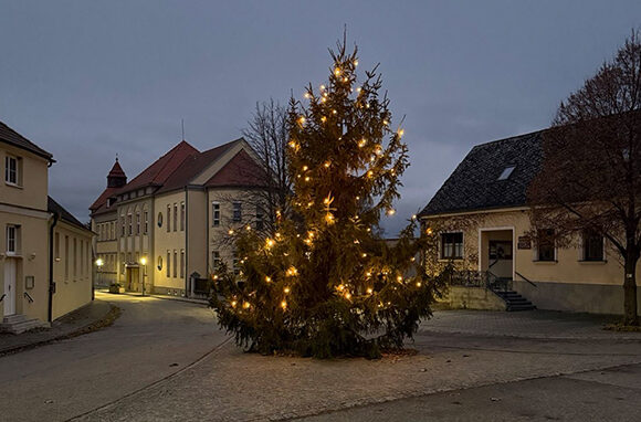 Beleuchteter Weihnachtsbaum am Museumsplatz in Bernhardsthal